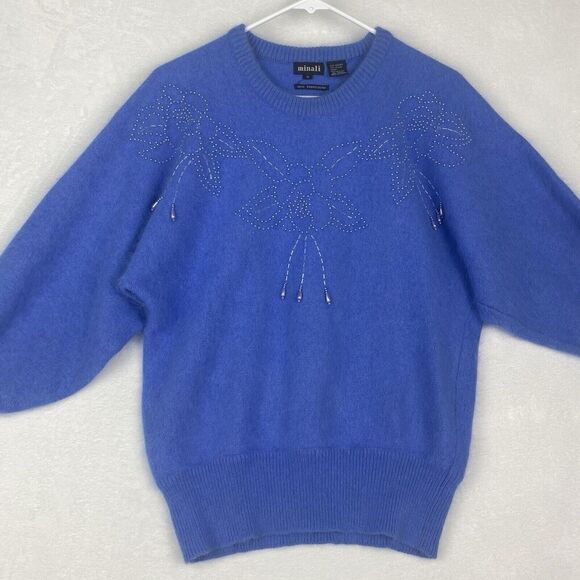 Minali Sweater Womens Small Blue Angora Hand Embroidered Lightweight Pullover - Picture 4 of 8